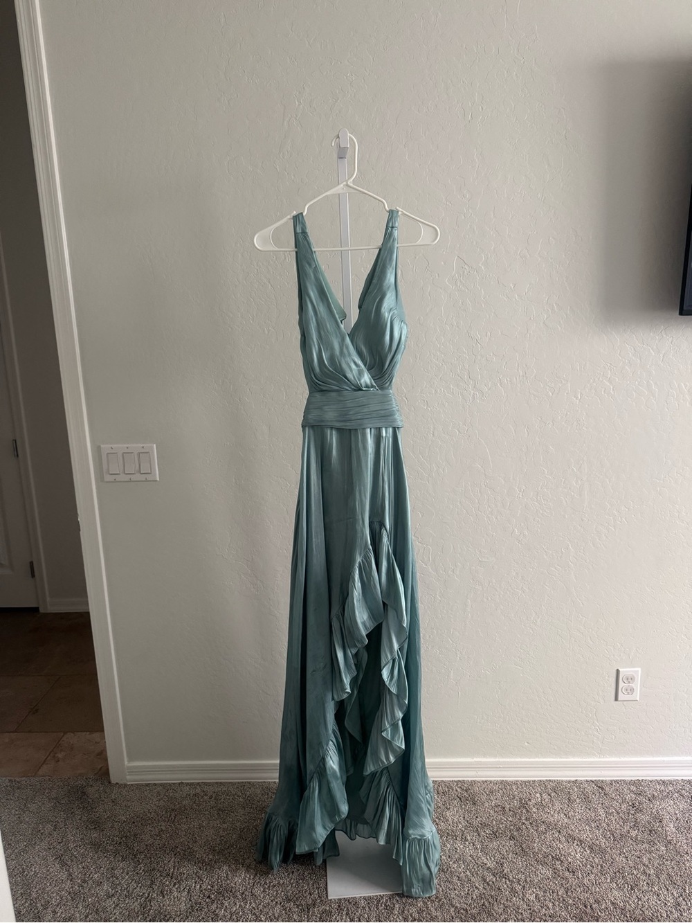 Lulu's Seafoam Green Satin Ruffled Wrap Maxi Dress